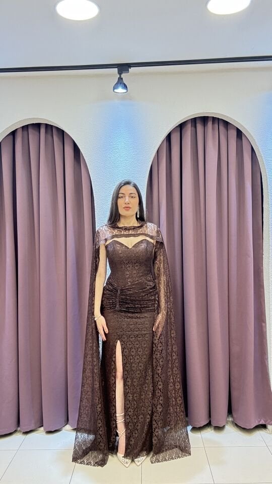 PELERİN DETAYLI GÜPÜR DANTEL GECE ELBİSESİ 44 - BEYAZ