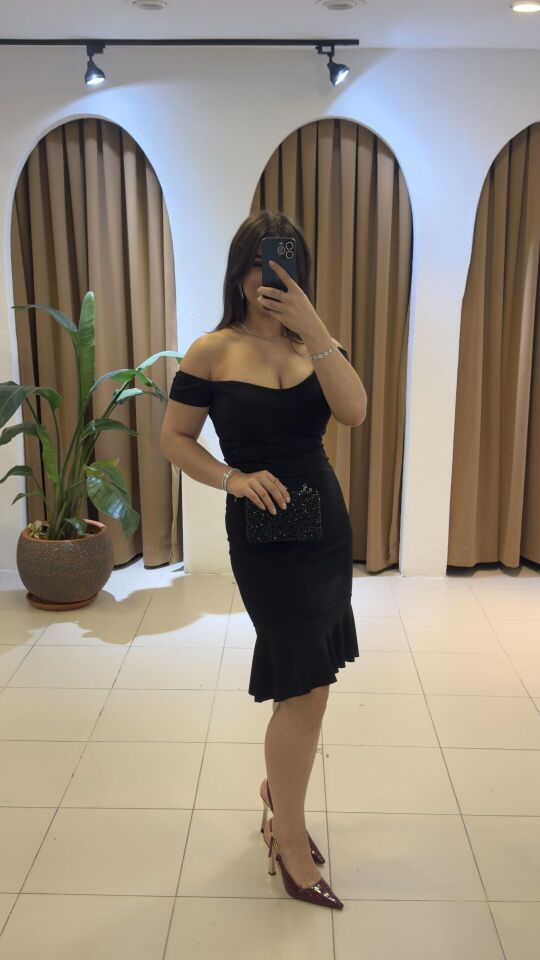 SİYAH DÜŞÜK OMUZ ELBİSE S  - siyah