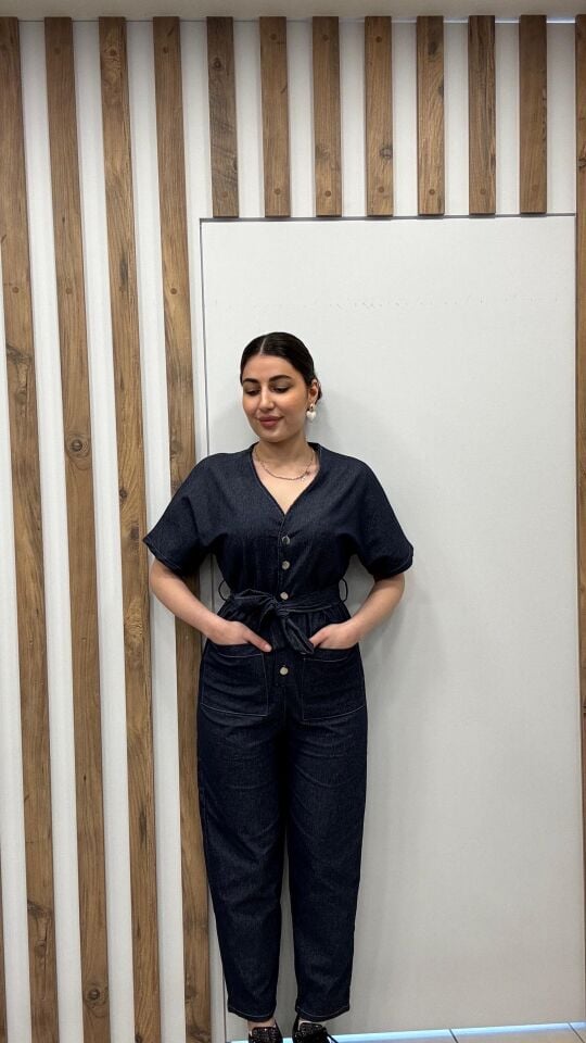 LACİVERT DÜĞMELİ KEMERLİ KOT TULUM L