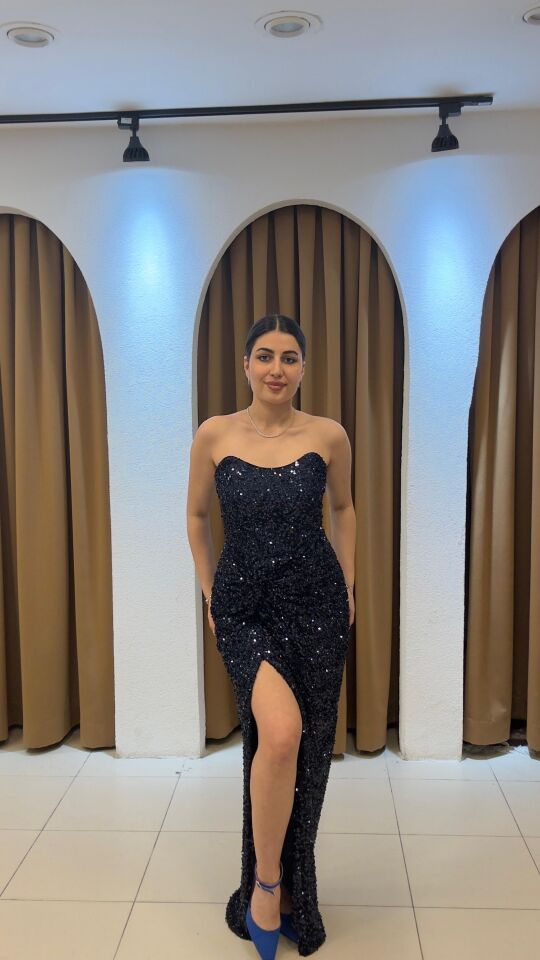 LACİVERT PAYETLİ UZUN STRAPLEZ ABİYE