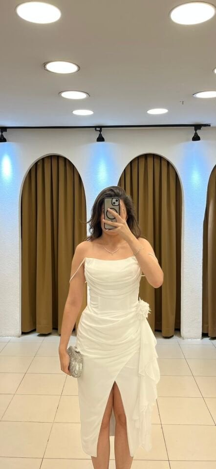 BEYAZ  YIRTMAÇLI DETAYLI MİDİ ABİYE ELBİSE 36