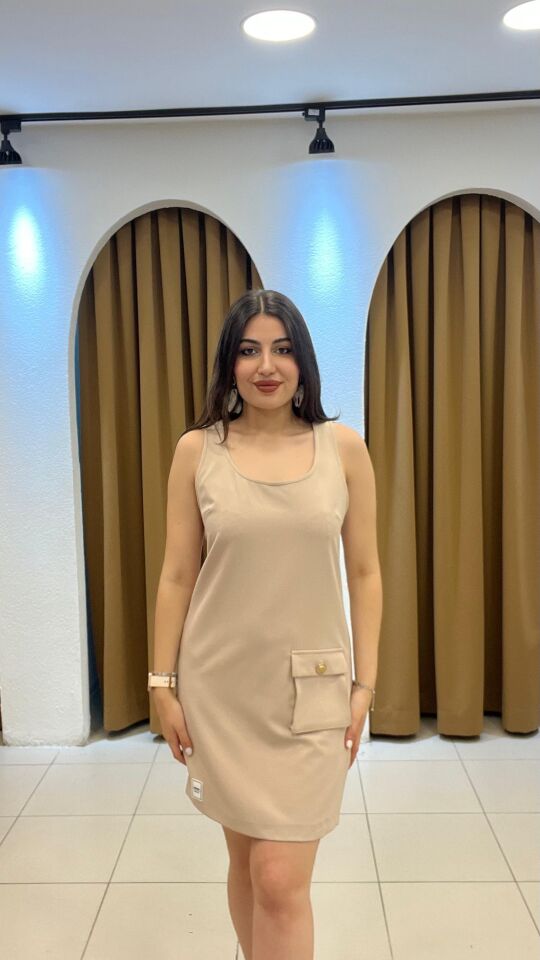 BEJ KALIN ASKILI MİNİ ELBİSE