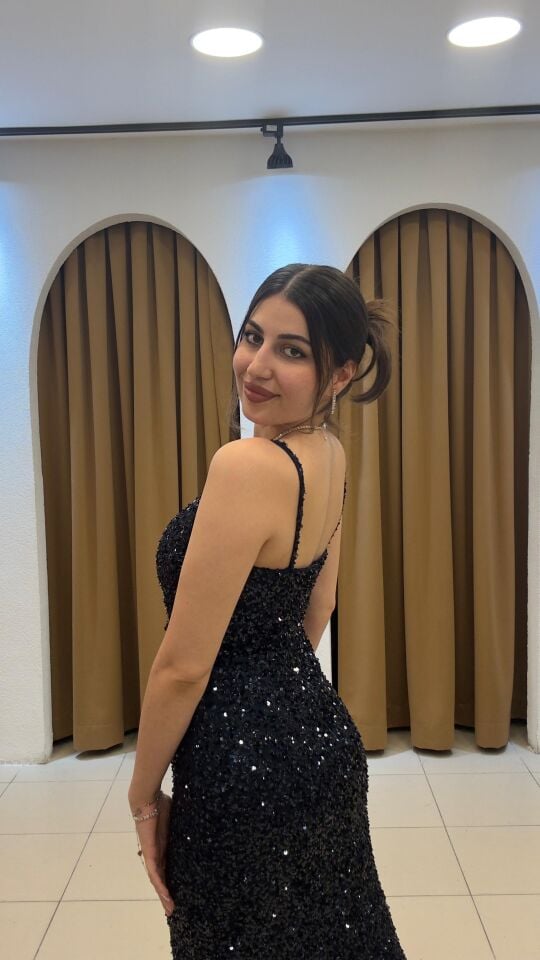 LACİVERT PAYETLİ İNCE ASKILI YIRTMAÇLI ABİYE