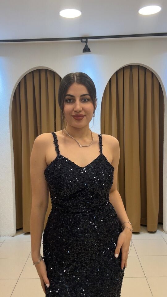 LACİVERT PAYETLİ İNCE ASKILI YIRTMAÇLI ABİYE