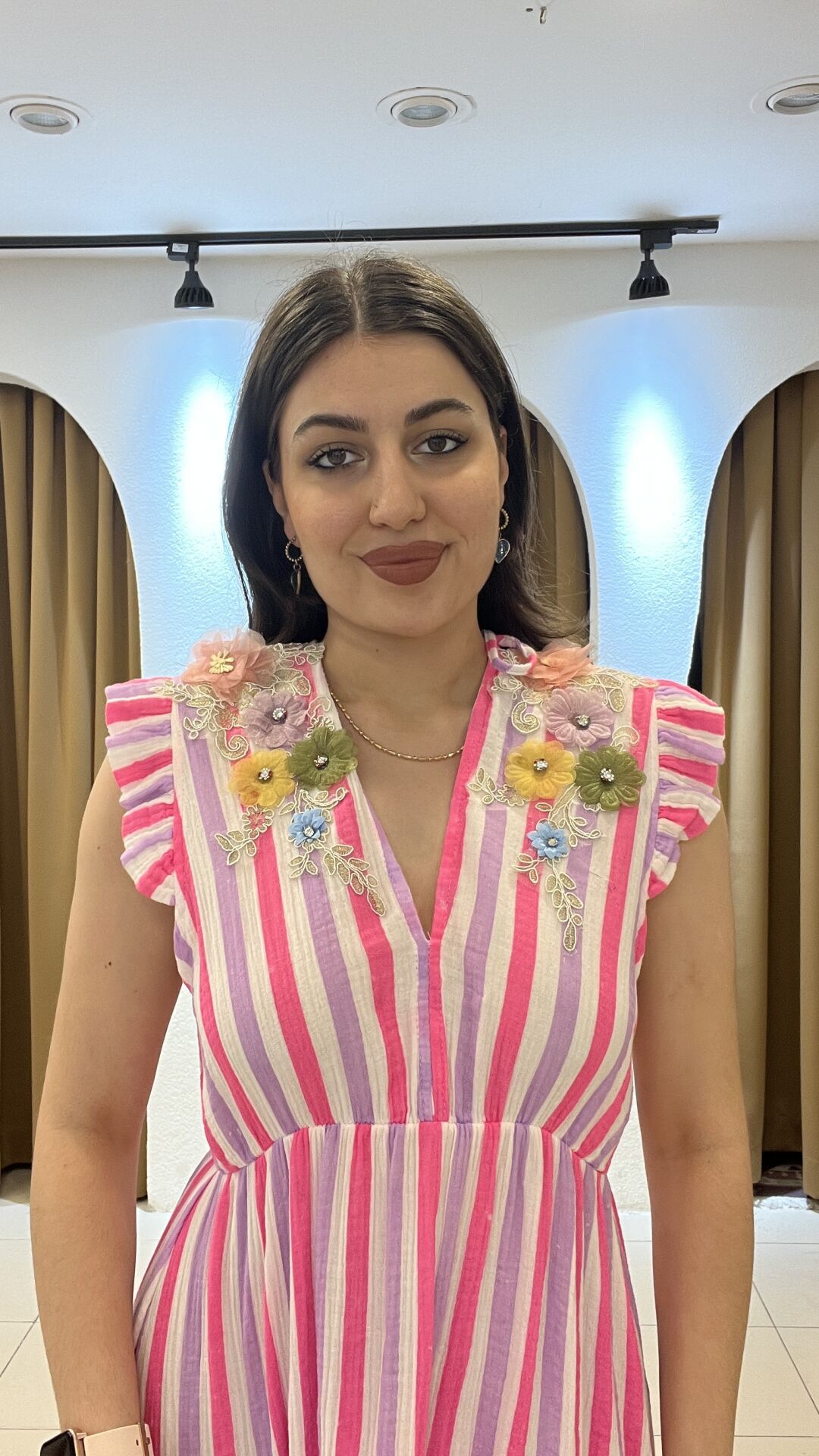 ÇİZGİLİ  UZUN İTHAL PEMBE ELBİSE