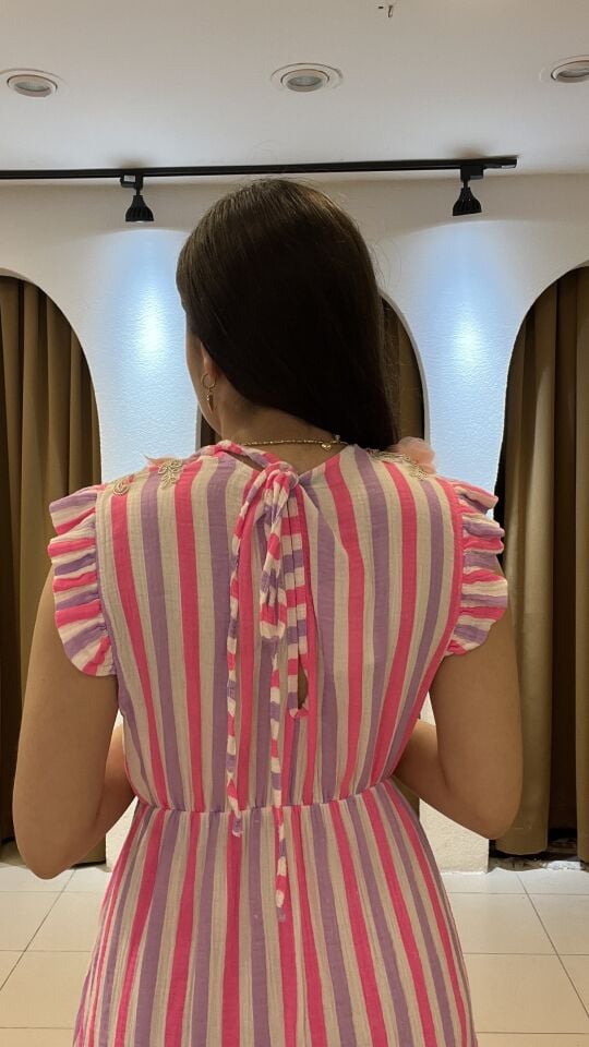 ÇİZGİLİ  UZUN İTHAL PEMBE ELBİSE