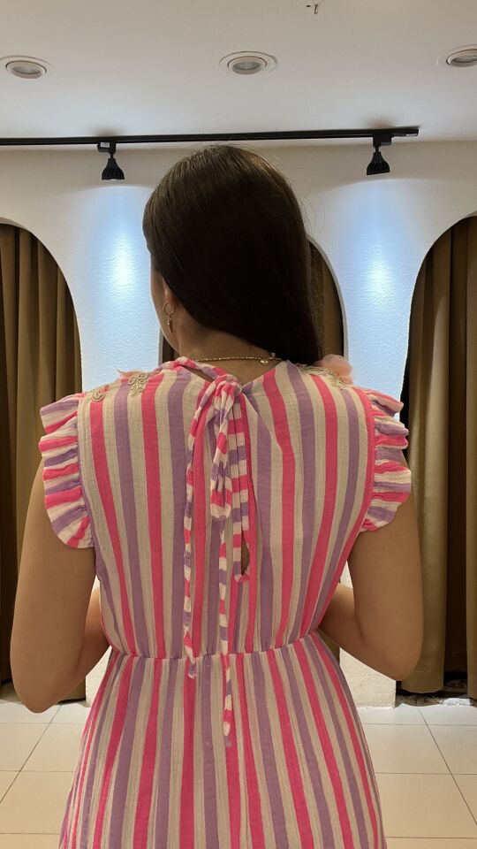 ÇİZGİLİ  UZUN İTHAL PEMBE ELBİSE