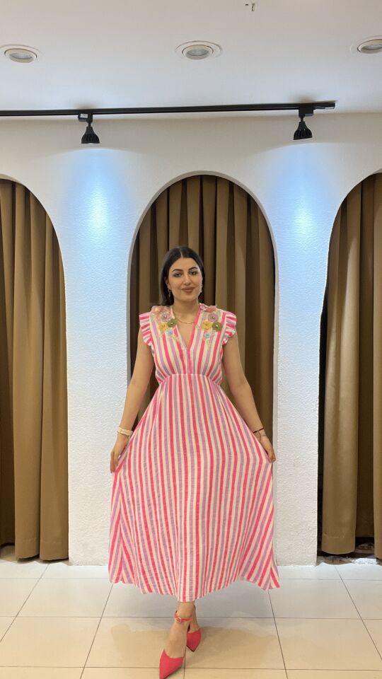 ÇİZGİLİ  UZUN İTHAL PEMBE ELBİSE
