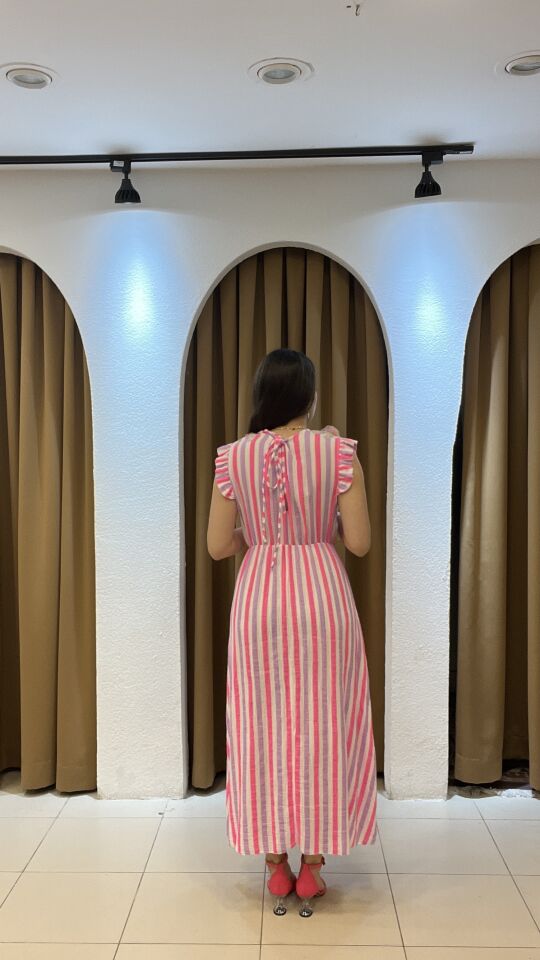 ÇİZGİLİ  UZUN İTHAL PEMBE ELBİSE