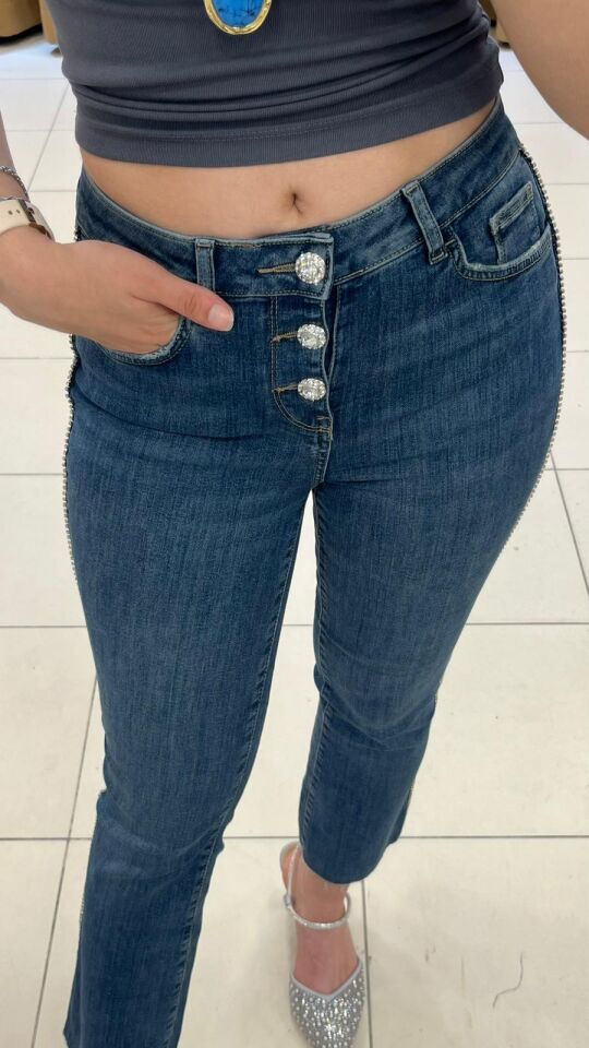 MAVİ TAŞ ŞERİTLİ YÜKSEK BEL PANTOLON