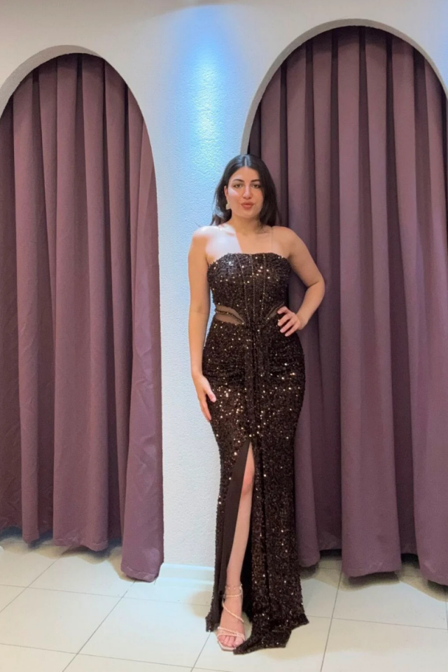 Kahverengi Straplez önden kuyruklu balık model abiye 42