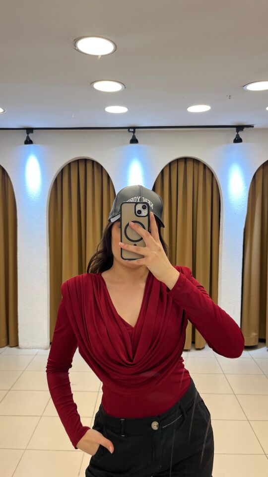 Bordo Degaje Yaka Uzun Kollu Badi Bluz M