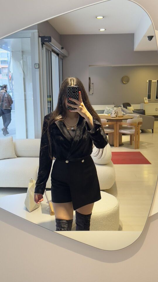 SİYAH KADİFE ŞORTLU TULUM 36 - Siyah