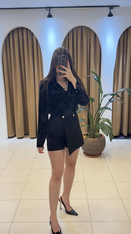 SİYAH KADİFE ŞORTLU TULUM 36 - Siyah