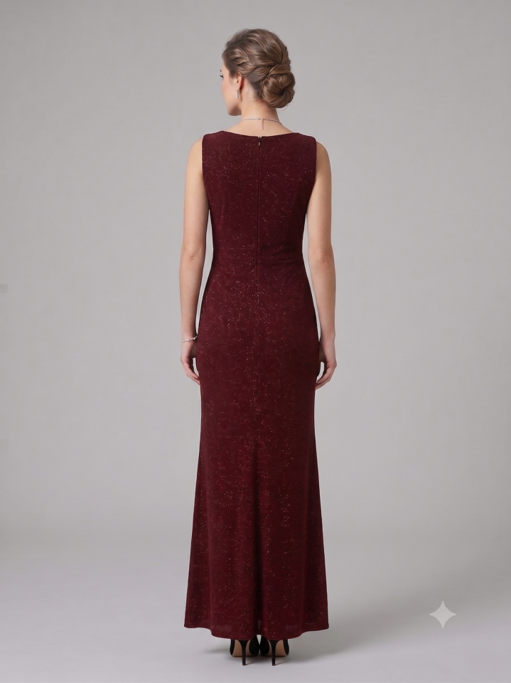 Bordo Simli Drape Detaylı Uzun Abiye Elbise 52