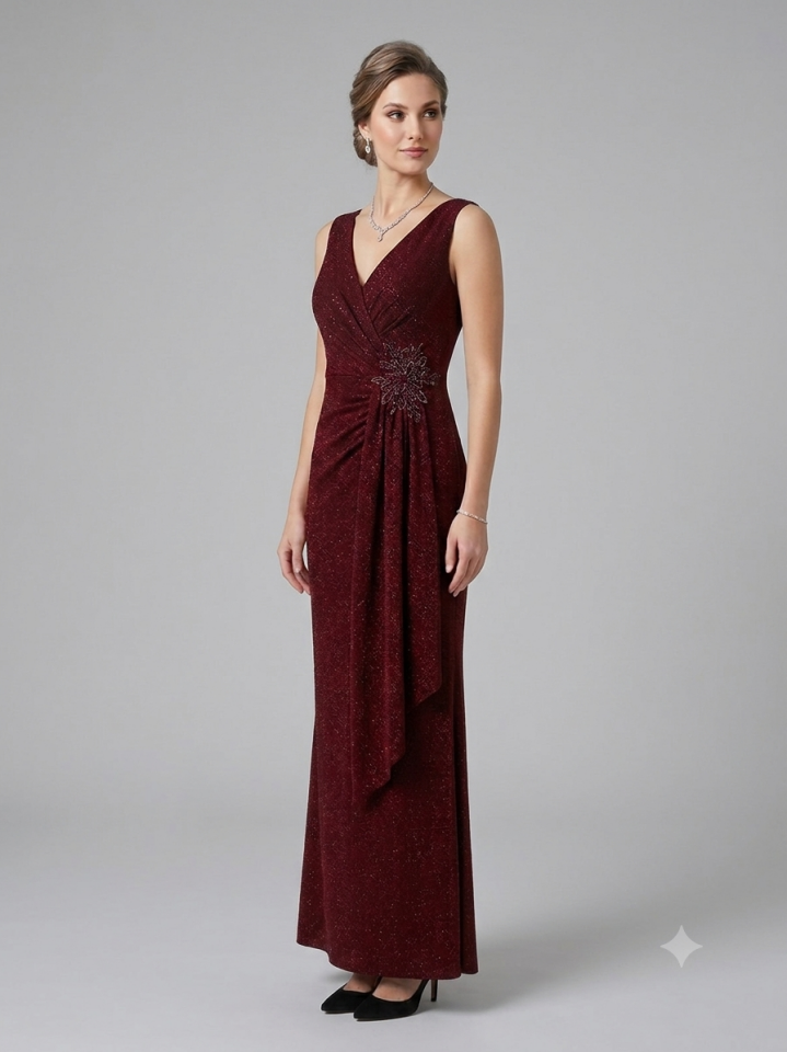 Bordo Simli Drape Detaylı Uzun Abiye Elbise