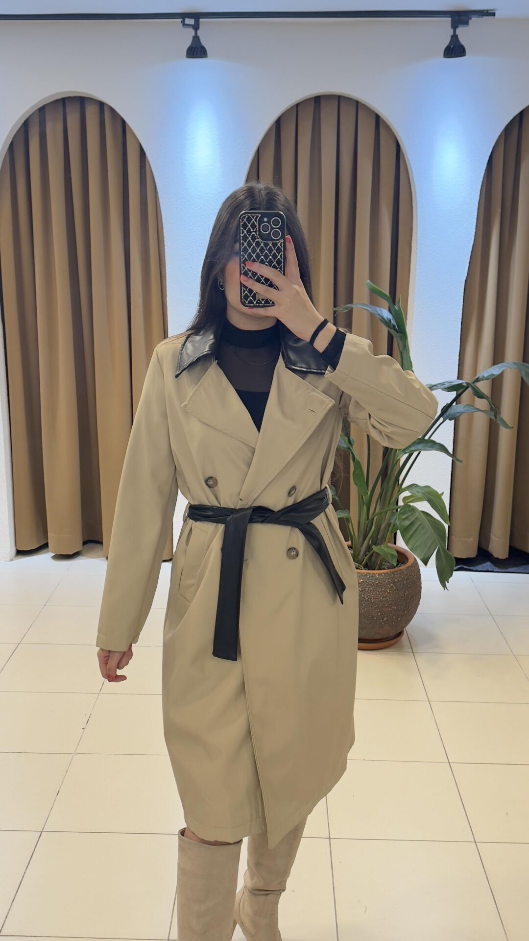 TAŞRENK DERİ DETAYLI TRENÇ S  - Taşrenk