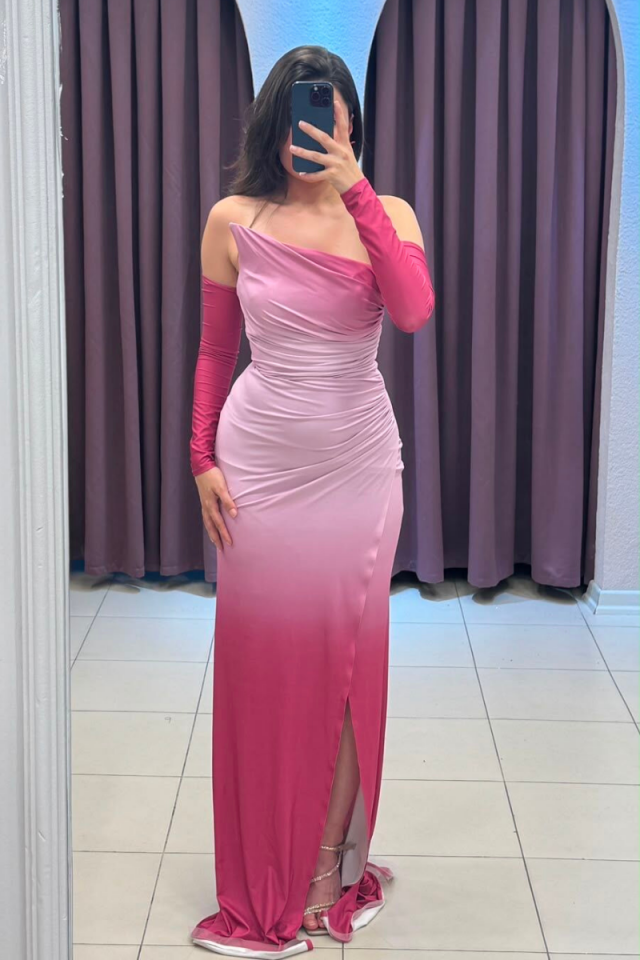 Fuşya pembe drape detaylı eldivenli abiye 38