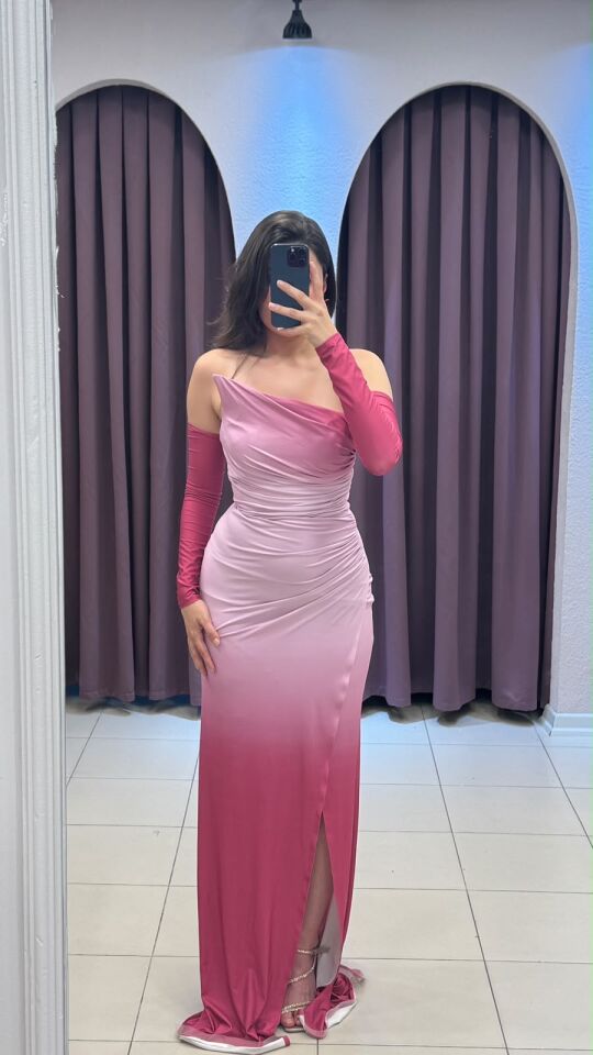 Fuşya pembe drape detaylı eldivenli abiye 38