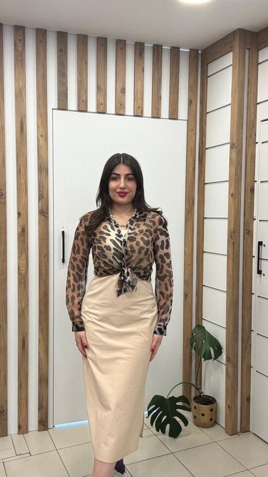 BEJ İNCE ASKILI ELBİSE LEOPAR TRANSPARAN GÖMLEK TAKIM 38