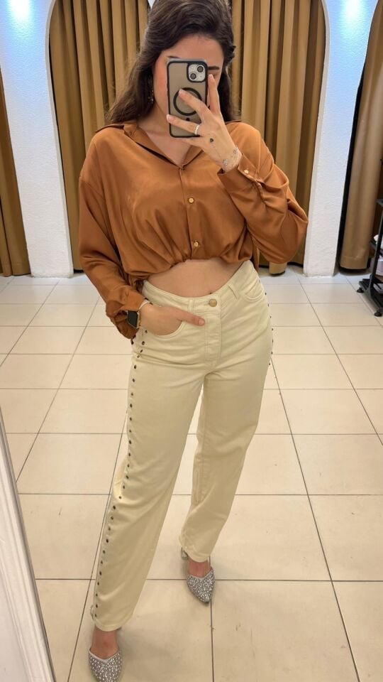 KREM YANLARI ZIMBALI YÜKSEK BEL PANTOLON