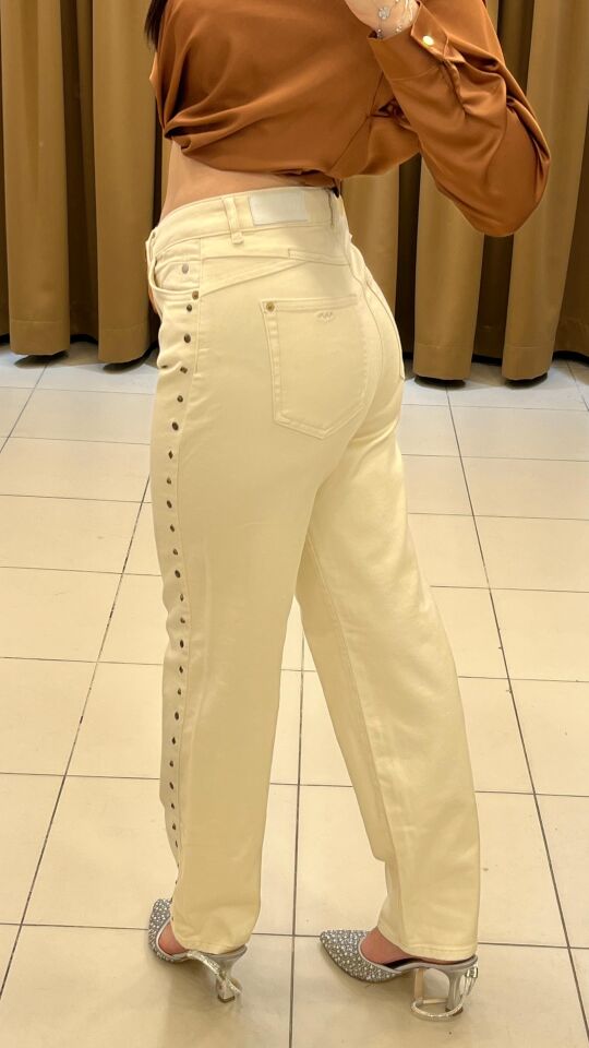 KREM YANLARI ZIMBALI YÜKSEK BEL PANTOLON
