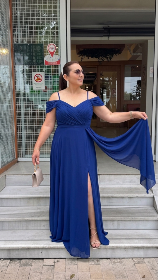 Saks Mavisi Şifon Yırtmaçlı Abiye 50