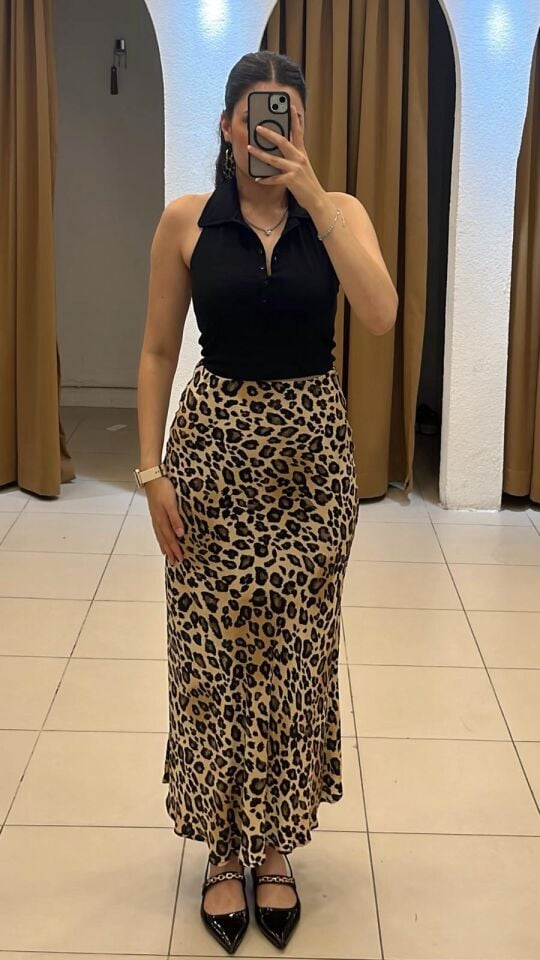 LEOPAR MİDİ BOY SATEN ETEK