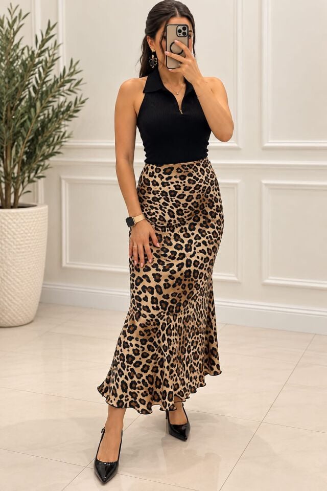 Leopar Desenli Saten Midi Etek 36