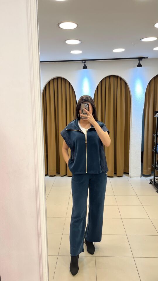 LACİVERT BELİ LASTİKLİ YELEKLİ TAKIM