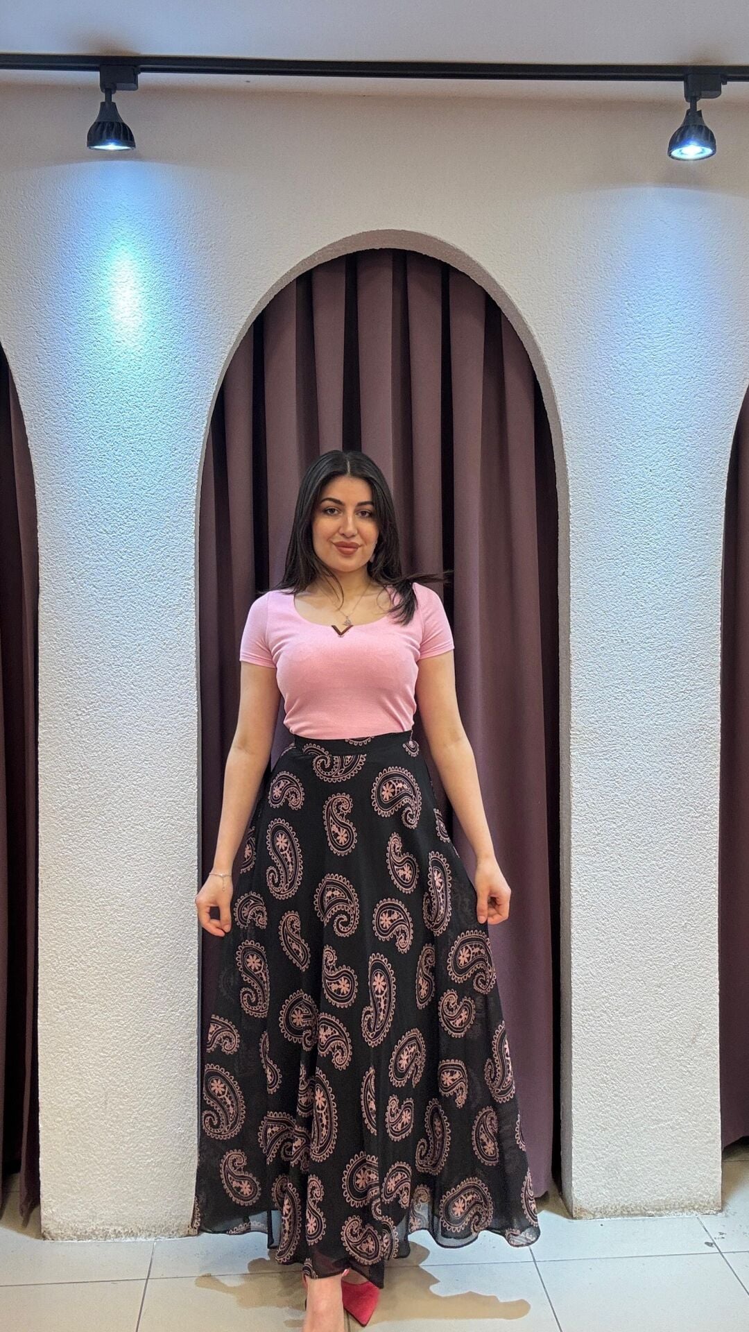 ANTRASİT PEMBE DESENLİ UZUN KİLOŞ ETEK 40