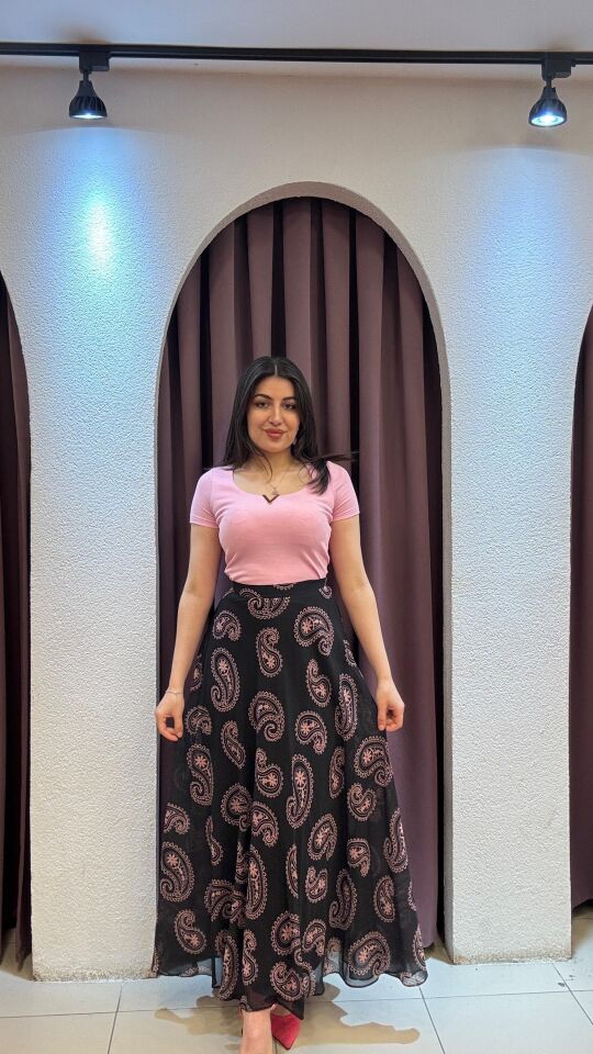 ANTRASİT PEMBE DESENLİ UZUN KİLOŞ ETEK 38