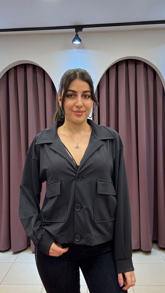 LACİVERT CEPLİ VE DÜĞMELİ KISA BOMBER CEKET 2XL