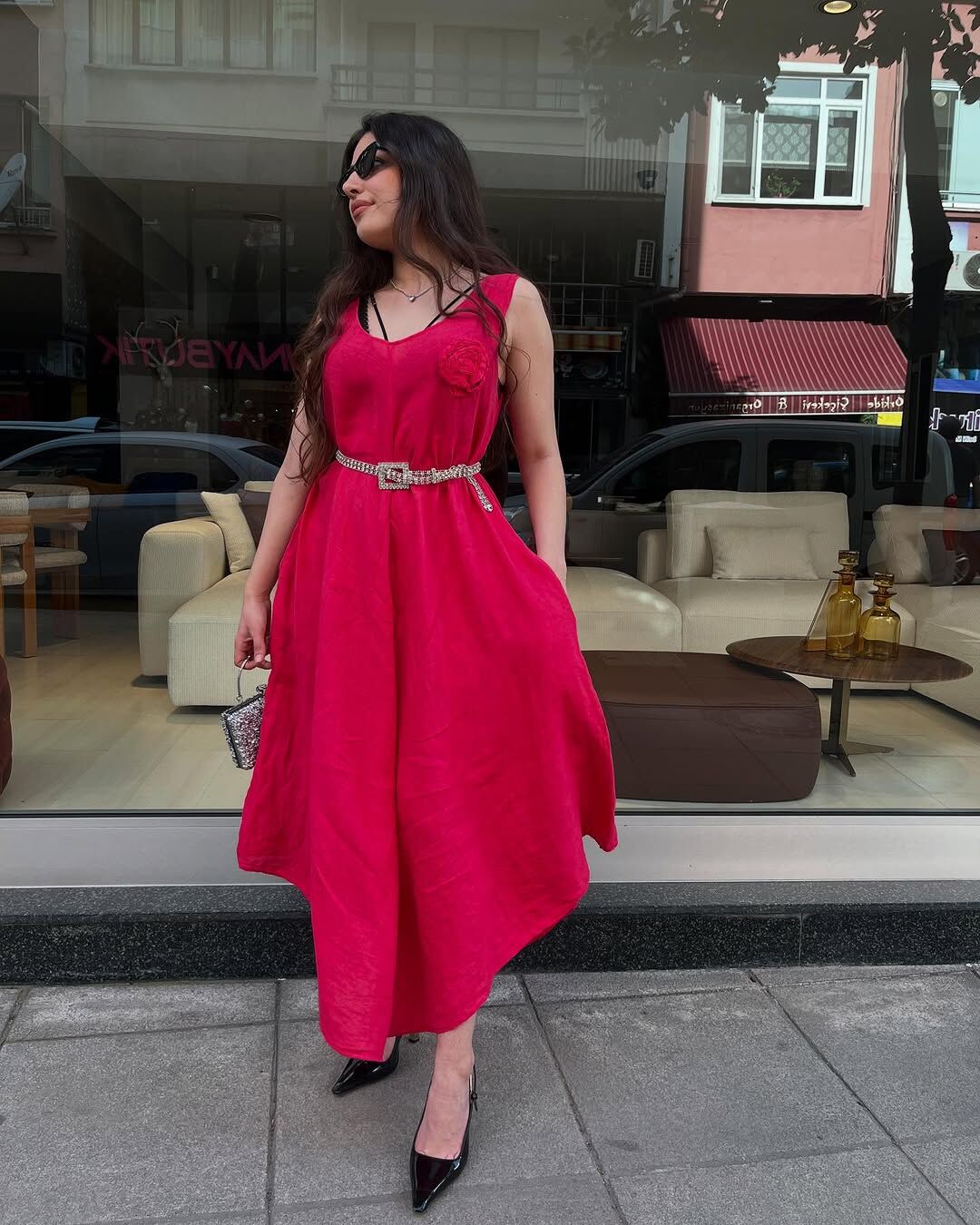 NAR ÇİÇEĞİ RENKLİ İTHAL KETEN ELBİSE