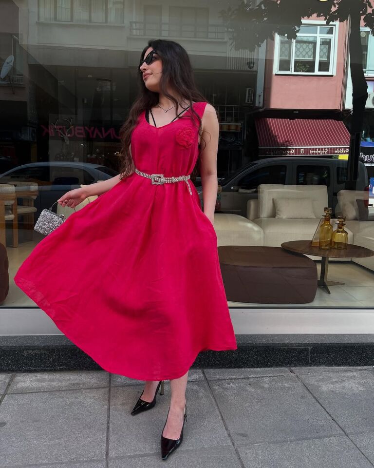 NAR ÇİÇEĞİ RENKLİ İTHAL KETEN ELBİSE