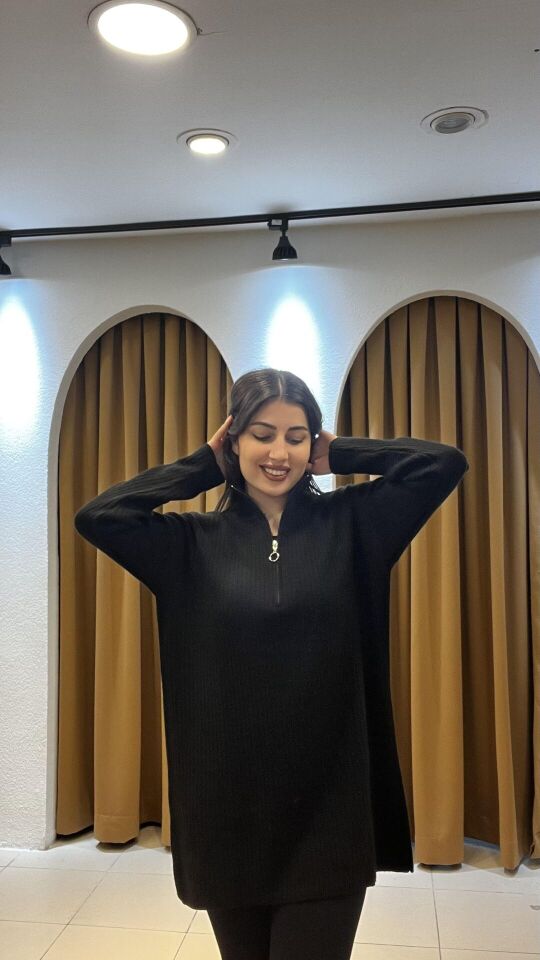 SİYAH YARIM FERMUAR TRİKO KAZAK Standart - siyah