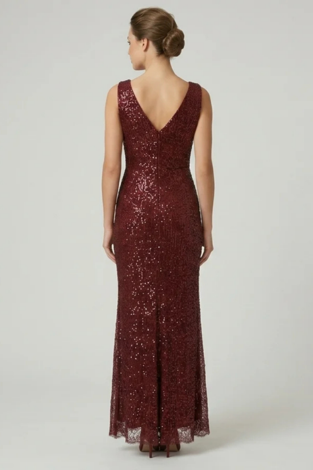 Bordo V Yaka Kruvaze Drape Detaylı Pul Payet Abiye Elbise 48