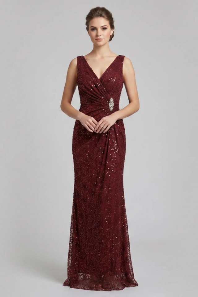Bordo V Yaka Kruvaze Drape Detaylı Pul Payet Abiye Elbise 48