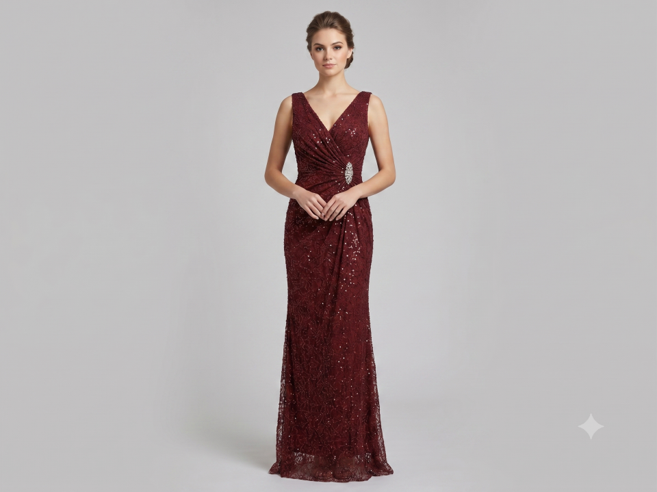 Bordo V Yaka Kruvaze Drape Detaylı Pul Payet Abiye Elbise 48