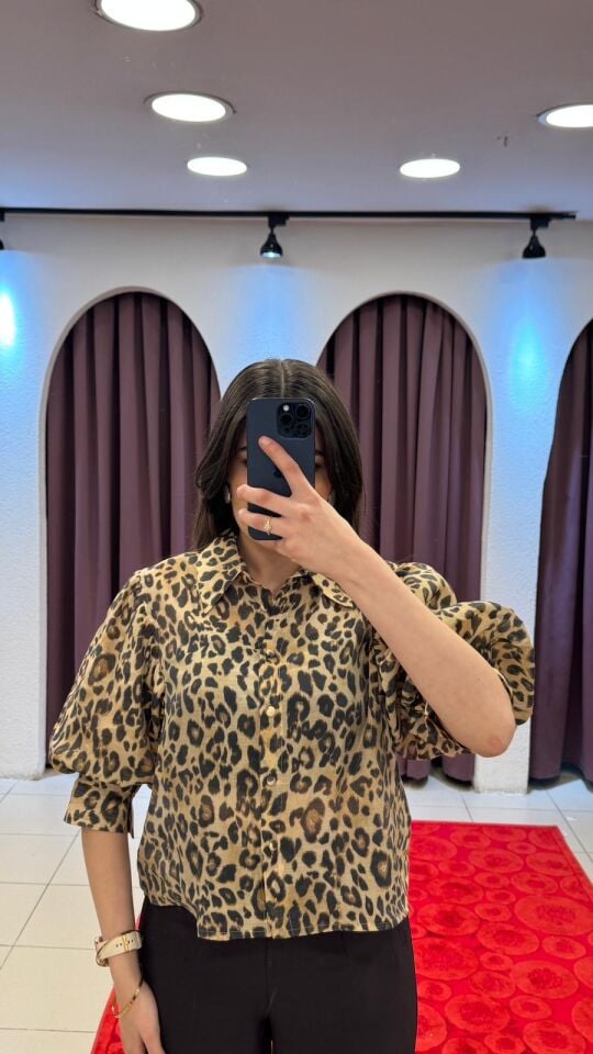 LEOPAR ŞİFON KISA BALON KOL GÖMLEK 42
