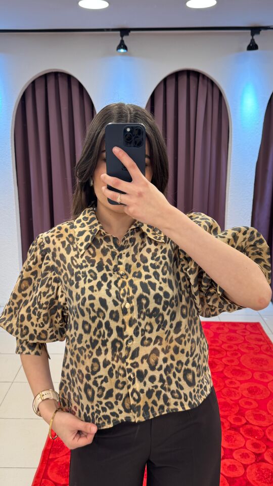 LEOPAR ŞİFON KISA BALON KOL GÖMLEK 40
