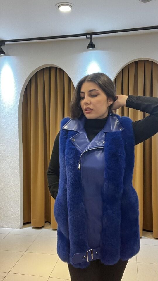 LACİVERT DERİ DETAYLI İTHAL KÜRK YELEK 40-42 - LACİVERT
