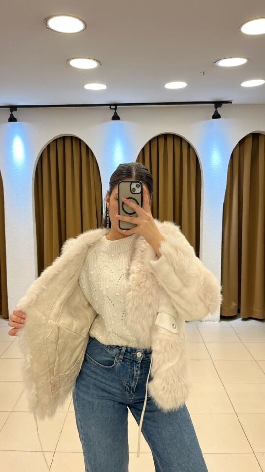 KREM BELDEN BAĞLAMALI KISA KÜRK