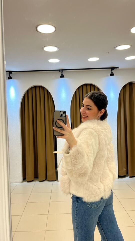 KREM BELDEN BAĞLAMALI KISA KÜRK