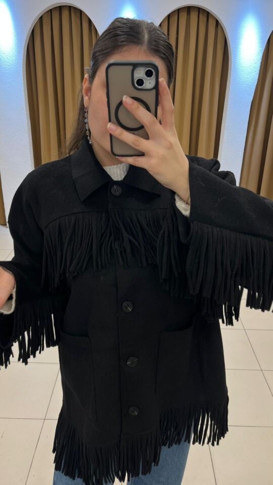 SİYAH PÜSKÜLLÜ SÜET CEKET