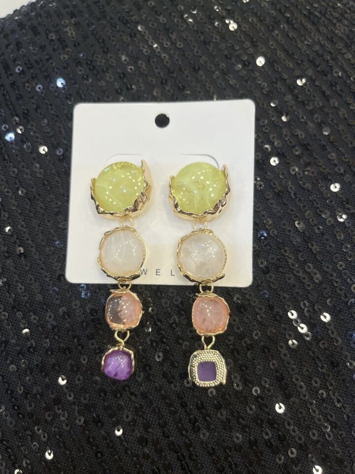 KRİSTAL TAŞ ÜÇLÜ  ALTIN KÜPE SETİ