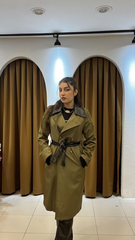 HAKİ DERİ DETAYLI TRENÇKOT S  - HAKİ