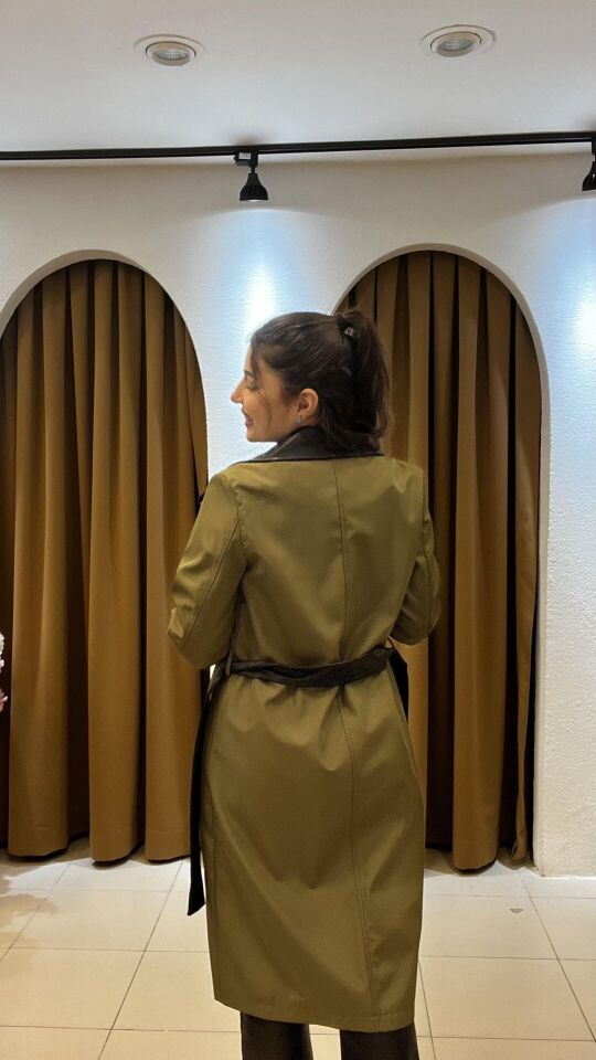 HAKİ DERİ DETAYLI TRENÇKOT S  - HAKİ