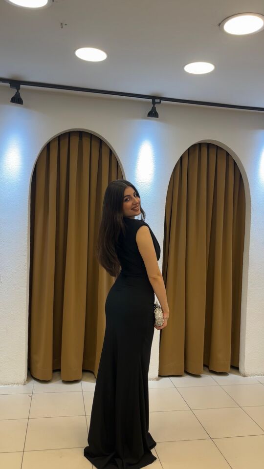 SİYAH DEGAJE YAKA SATEN ABİYE ELBİSE