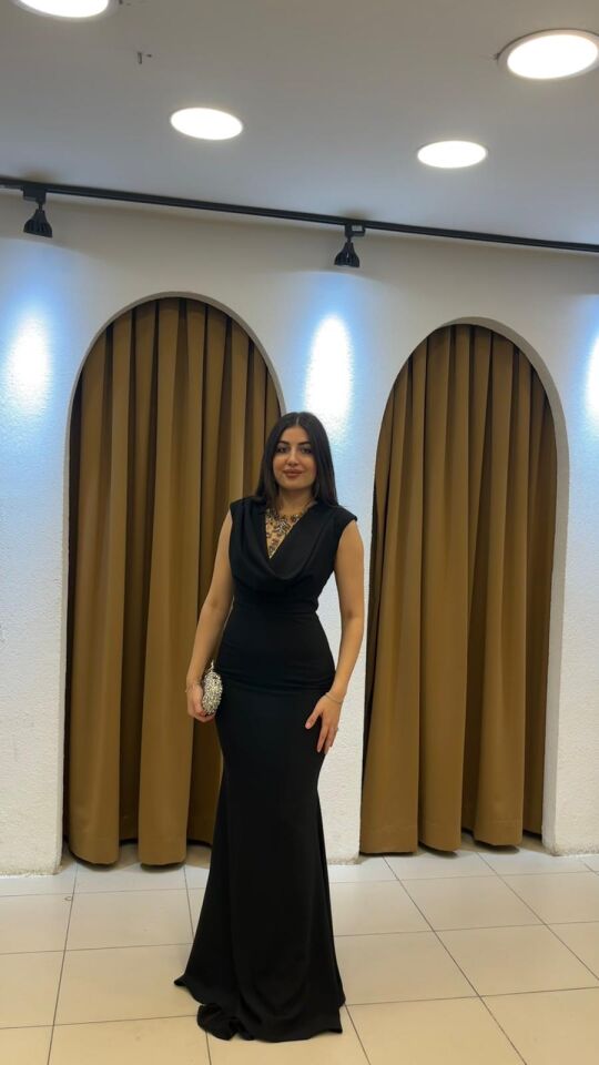 SİYAH DEGAJE YAKA SATEN ABİYE ELBİSE